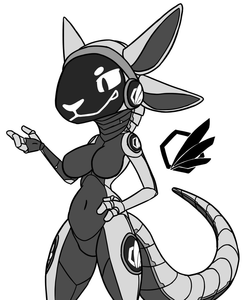 3_fingers 4_ears anthro breasts featureless_breasts featureless_crotch female fingers grey_body machine multi_ear navel non-mammal_breasts screen screen_face simple_background solo tail white_body white_eyes madkuzya android avali hybrid protogen robot synth_(vader-san) hi_res monochrome