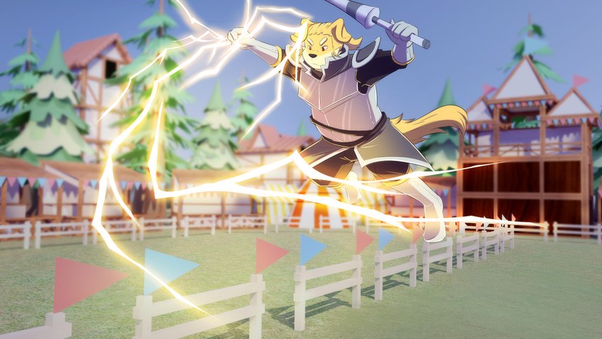 anthro electricity female flag jousting knight lightning magic paladin solo warrior shirokoi temptations_ballad_(visual_novel) artemi_(temptations_ballad) bird_dog canid canine canis domestic_dog golden_retriever hunting_dog mammal retriever 16:9 hi_res widescreen