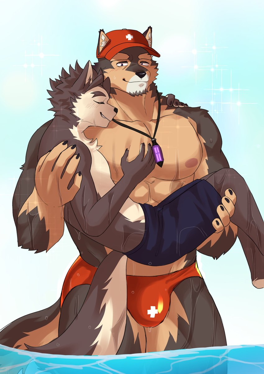 abs anthro bottomwear bridal_carry brown_body brown_fur bulge carrying_another clothing cuddling duo fur hat headgear headwear jewelry lifeguard male male/male muscular muscular_anthro muscular_male necklace nipples partially_submerged pecs romantic romantic_couple shorts speedo swimwear water chuurow lifewonders live_a_hero dog_operator protagonist_(live_a_hero) pubraseer canid canine canis domestic_dog mammal absurd_res hi_res