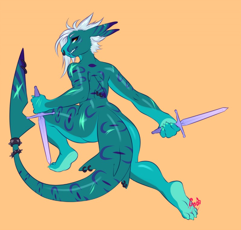 anthro arm_scar ear_scar facial_piercing female fin fin_piercing fin_scar furgonomics furry-specific_piercing hair looking_back melee_weapon nose_piercing nude piercing scar septum_piercing solo sword tail tail_fin tail_fin_scar tail_scar thick_thighs weapon crobat_(artist) fish marine shark