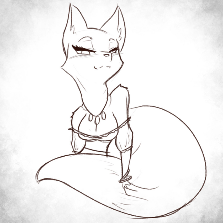 anthro blush bracelet breasts cleavage clothed clothing dress female jewelry looking_at_viewer narrowed_eyes necklace seductive simple_background solo tail tail_grab white_background ihara armello league_of_geeks scarlet_(armello) canid canine fox mammal 1:1 half-length_portrait hi_res monochrome portrait