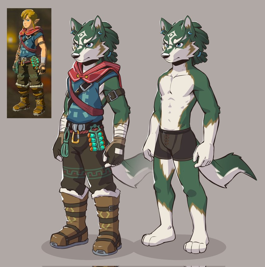 abs anthro anthrofied boots clothed clothing ear_piercing ear_ring footwear male muscular muscular_male pecs piercing ring_piercing shoes solo topless topless_male anjing_kampuss nintendo the_legend_of_zelda link link_(wolf_form) canid canine canis mammal wolf hi_res reference_image