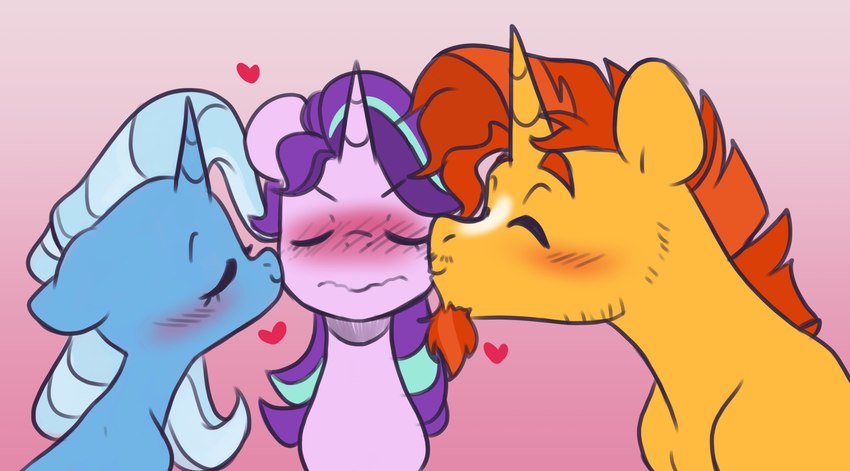 bisexual blue_body blue_hair blush eyes_closed facial_hair female ffm group group_kissing hair heart_symbol hearts_around_body horn kissing kissing_cheek male orange_body orange_hair pink_body purple_hair trio triple_kiss doodlemark friendship_is_magic hasbro my_little_pony mythology starlight_glimmer_(mlp) sunburst_(mlp) trixie_(mlp) equid equine mammal mythological_creature mythological_equine unicorn absurd_res digital_media_(artwork) hi_res