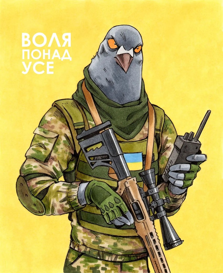 anthro beak camo camo_clothing camo_print clothed clothing elbow_pads electronics fingerless_gloves front_view fully_clothed gloves grey_body gun handwear holding_object holding_weapon looking_at_viewer male military_uniform orange_sclera pattern_clothing politics ranged_weapon rifle scope simple_background sniper_rifle solo standing tactical_gloves text ukrainian_flag uniform walkie-talkie weapon yellow_background koro_44 russo-ukrainian_war gennady_the_pigeon avian bird columbid pigeon hi_res portrait three-quarter_portrait ukrainian_text