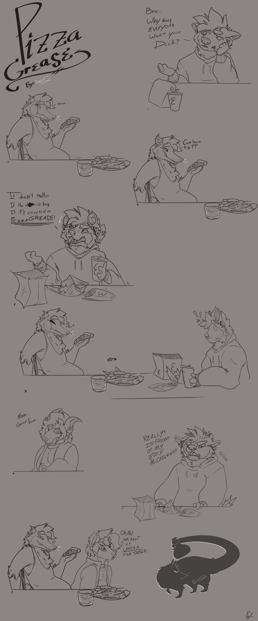 anthro food group humor implied_oral jokes male male/male pizza roommate text trio possumgod harvey_yeenpeenl0rd_(possumgod) peaches_(heartbreaker) ryder_the_pirate_(possumgod) american_opossum bull_terrier canid canine canis domestic_dog hunting_dog hyena mammal marsupial terrier absurd_res comic english_text hi_res meme sketch