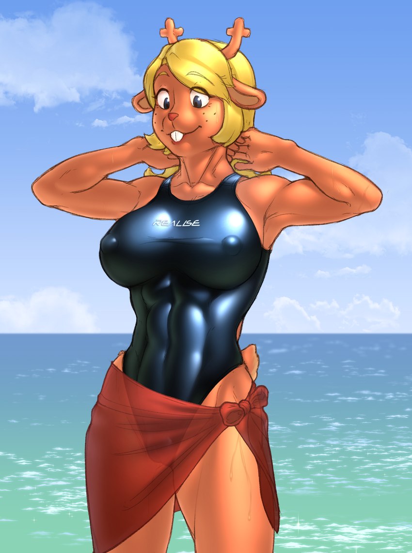 abs anthro antlers beach big_breasts black_clothing black_one-piece_swimsuit black_swimwear blonde_hair breasts brown_body buckteeth camel_toe clothed clothing cloud erect_nipples eyebrow_through_hair eyebrows female freckles hair hands_behind_head horn muscular muscular_anthro muscular_female muscular_thighs nipple_outline nipples one-piece_swimsuit outside sarong scut_tail sea seaside short_tail sky solo standing swimwear tail teeth tight_clothing translucent translucent_hair water buffbumblebee deltarune undertale_(series) noelle_holiday deer mammal new_world_deer reindeer 2023 absurd_res digital_media_(artwork) hi_res portrait three-quarter_portrait