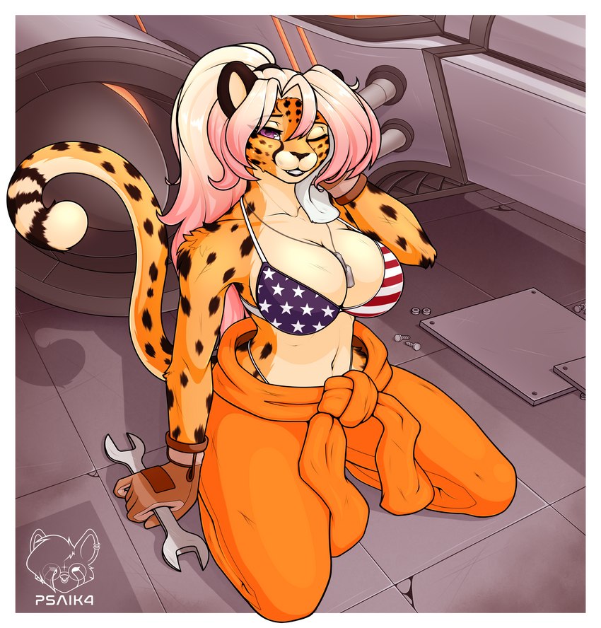 american_flag american_flag_bikini anthro big_breasts bikini blonde_hair bodily_fluids breasts cleavage clothed clothing countershading dog_tags female flag_bikini fur hair holding_object jewelry looking_at_viewer markings mechanic necklace nipple_piercing nipples panties piercing purple_eyes skimpy skimpy_bikini skimpy_swimwear small_waist smile solo spacecraft spots spotted_body star_pattern star_polygon star_print string_bikini striped_bikini_top sweat sweatdrop swimwear tail tools topwear two-piece_swimsuit underwear united_states_of_america vehicle wide_hips wrench psaik4 alexandra_(velocitycat) cheetah felid feline mammal absurd_res digital_media_(artwork) hi_res