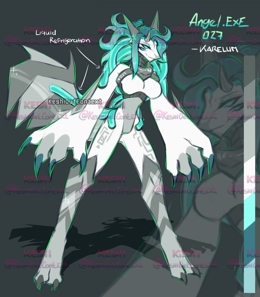 3_toes anthro big_hands breasts collar color_swatch feet female grey_background horn markings metal_arm metal_collar metal_tail pseudo_hair simple_background solo tentacle_hair tentacles toes tube keshioutcontext_(artist) angel.exe_027 karelum hi_res