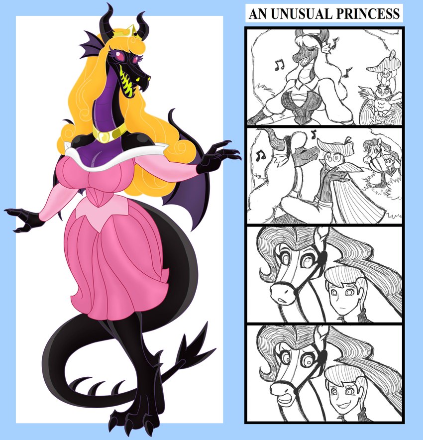 anthro black_body blonde_hair clothing collar dress duo female hair male red_eyes singing smile surprise tail wings urusee584 disney mythology sleeping_beauty_(1959) prince_phillip_(disney) princess_aurora_(disney) avian bird dragon equid equine horse lagomorph leporid mammal mythological_creature mythological_scalie owl rabbit rodent scalie sciurid tree_squirrel absurd_res comic hi_res