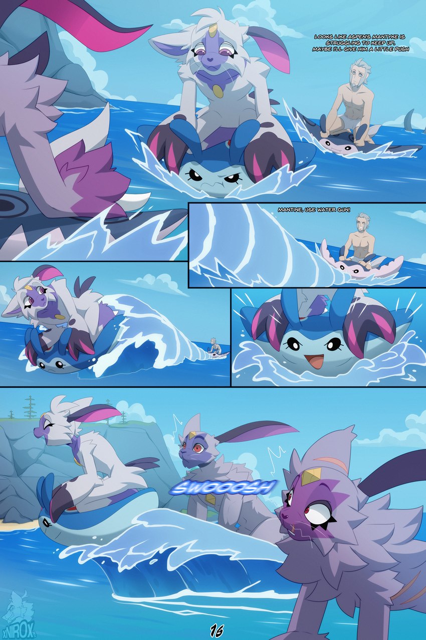 anthro asymmetrical_ears claws dialogue female feral forehead_gem gem group male onomatopoeia pink_eyes red_eyes scar sea smile sound_effects surfing surprised_expression text water wave whiskers yellow_gem conditional_dnp xnirox nintendo pokemon aspen_(xnirox) icarus_(xnirox) ingo_(pokemon) nimba_(xnirox) generation_2_pokemon generation_4_pokemon generation_8_pokemon hisuian_form hisuian_sneasel human hybrid mammal mantine mantyke pokemon_(species) regional_form_(pokemon) sneasler 2024 2:3 comic english_text hi_res shaded sibling_(lore) triplets_(lore)