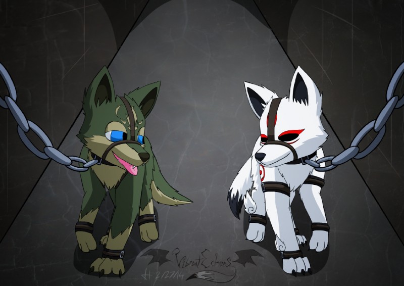 ambiguous_gender bdsm bondage bound chain claws duo eye_contact feral fur looking_at_another tongue tongue_out walking white_body white_fur vibrantechoes capcom clover_studio nintendo okami_(capcom) the_legend_of_zelda twilight_princess amaterasu_(okami) link_(wolf_form) canid canine canis deity mammal wolf crossover signature