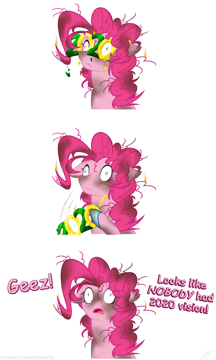 burn_marks burned dialogue eyewear female feral fire fire_in_hair glasses hair holidays new_year_glasses novelty_glasses pink_hair simple_background solo text white_background grievousfan friendship_is_magic hasbro my_little_pony new_year pinkie_pie_(mlp) equid equine horse mammal pony 2020 absurd_res comic english_text hi_res