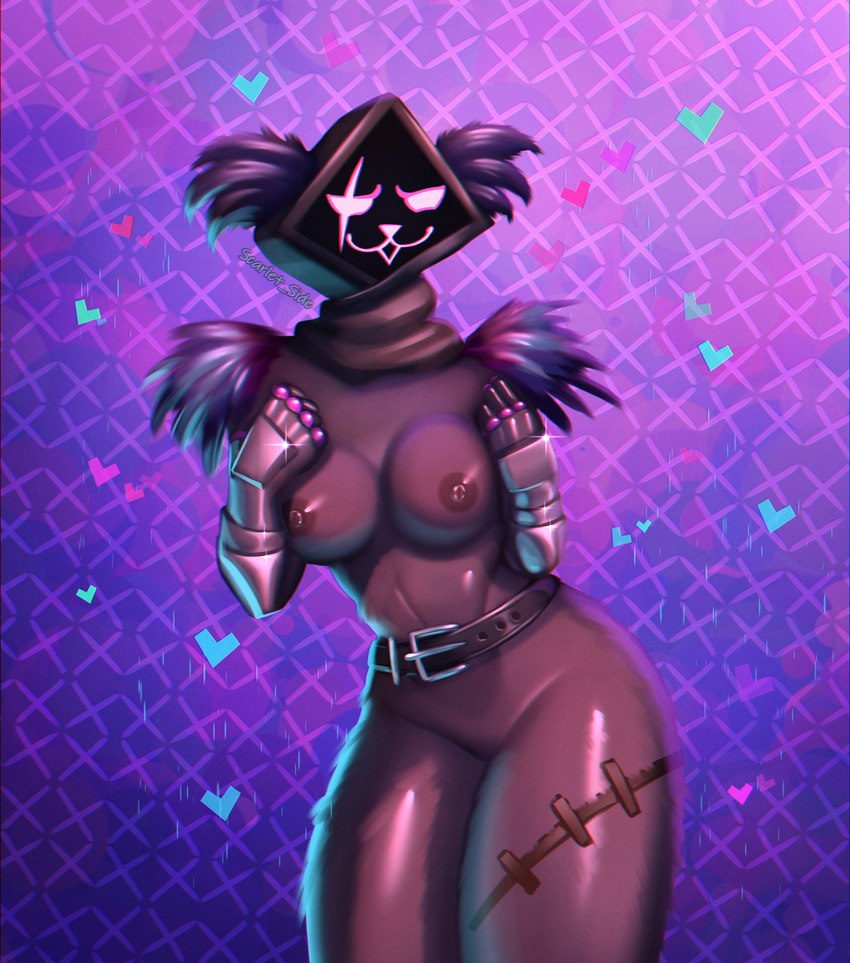 anthro belt big_butt breasts butt eye_scar facial_scar female fur hood looking_at_viewer neon nipples nude pink_eyes purple_body scar shadow_face simple_background smile solo thick_thighs scarlet_side epic_games fortnite fortnite:_battle_royale raven_team_leader mammal 2024 absurd_res digital_media_(artwork) hi_res