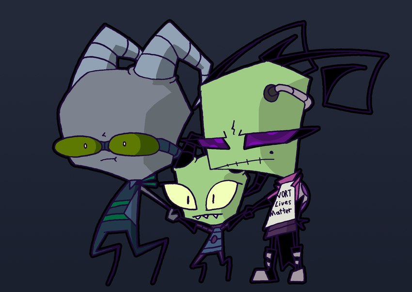 antennae_(anatomy) clothed clothing earless female green_body green_eyes grey_body group hand_holding horn male on_model pak purple_eyes text toony trio yellow_sclera rexon02 invader_zim nickelodeon lard_nar_(invader_zim) tak_(invader_zim) alien alien_humanoid humanoid hybrid irken vortian english_text hi_res parent_(lore) parent_and_child_(lore)