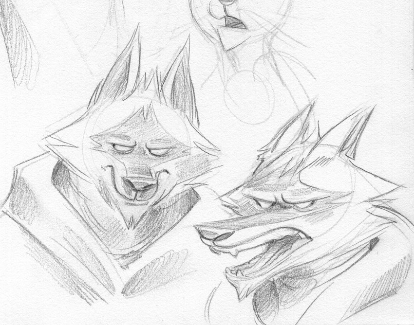 annoyed anthro cheek_tuft clothing ears_back facial_markings facial_tuft fangs fluffy frown fuzzy head_markings head_tuft male markings mask_(marking) narrowed_eyes open_mouth pivoted_ears pointy_ears prick_ears solo teeth tuft illusioncanthurtme dreamworks puss_in_boots_(franchise) death_(puss_in_boots) canid canine canis mammal wolf absurd_res greyscale hi_res monochrome multiple_images portrait sketch sketch_page traditional_media_(artwork)