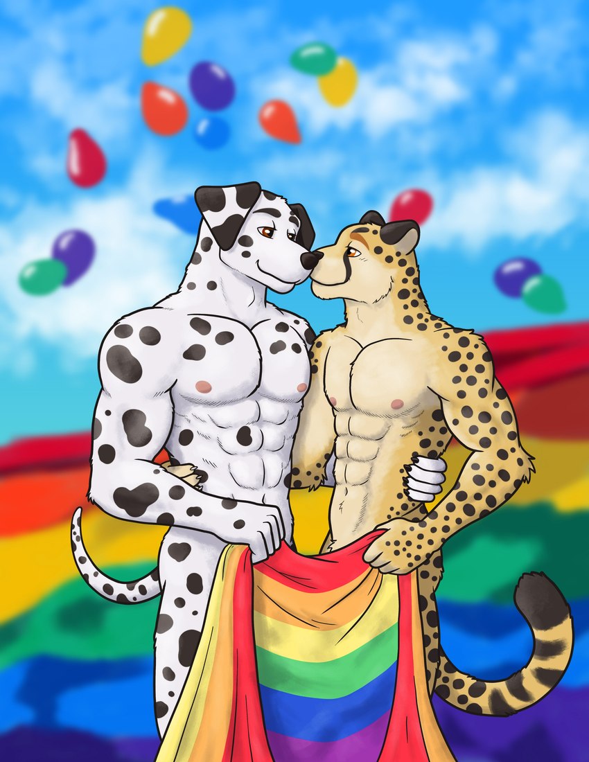 abs anthro balloon biceps butt cloud covering duo eye_contact flag flag_(object) fur holding_flag holding_object hug inflatable lgbt_pride looking_at_another love male male/male muscular narrowed_eyes nipples nude nuzzling pecs pride_color_flag pride_colors rainbow_flag rainbow_pride_colors rainbow_pride_flag rainbow_symbol romantic romantic_couple six-stripe_rainbow_pride_colors smile spots white_body white_fur yellow_body yellow_fur artsywoodpecker canid canine canis cheetah dalmatian domestic_dog felid feline mammal absurd_res hi_res