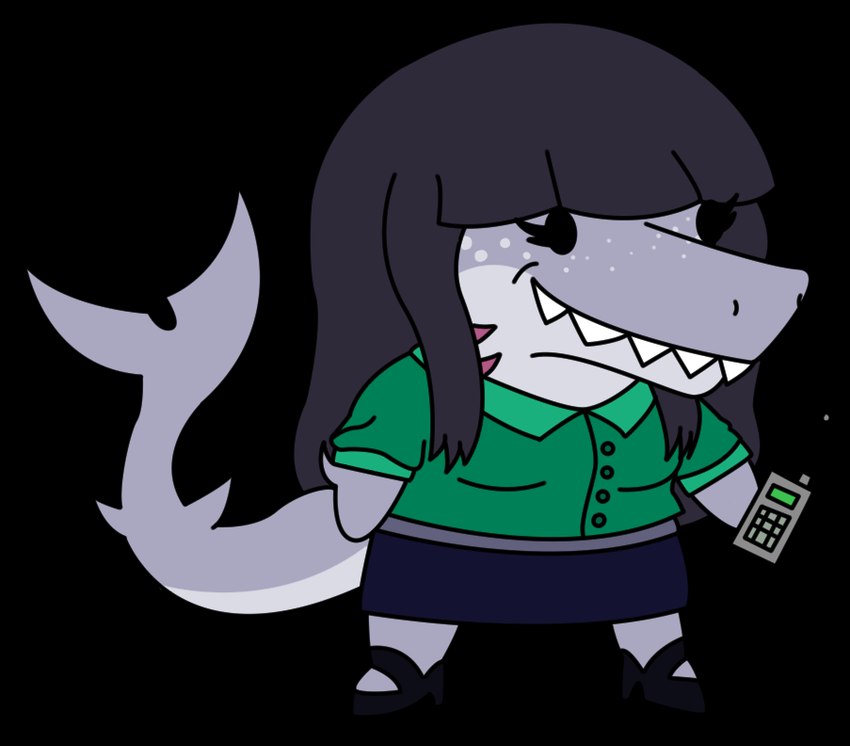 anthro cellphone chibi clothing electronics female green_clothing grey_body hair long_hair phone solo garavakarian daniela_sanchez fish marine shark alpha_channel trans_(lore) trans_woman_(lore)