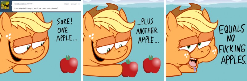 apple ask_jappleack blonde_hair clothing dialogue eating educational female feral food freckles fruit grass green_eyes hair hat headgear headwear incorrect_math open_mouth plant ponytail profanity solo teeth text tongue trolling hotdiggedydemon friendship_is_magic hasbro my_little_pony tumblr applejack_(mlp) earth_pony equid equine horse mammal pony troll_(mythology) english_text hi_res