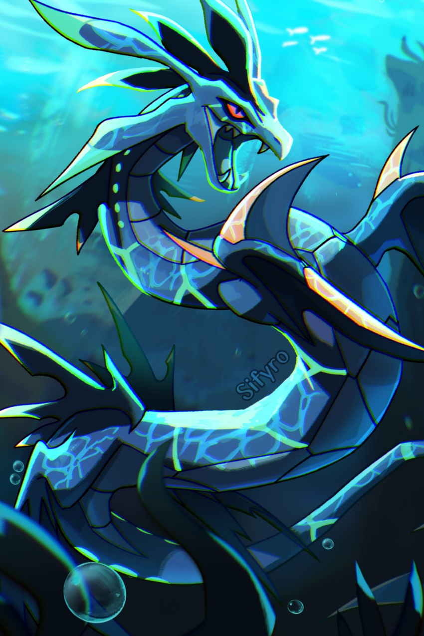 blue_body blue_scales fangs fin glowing glowing_body glowing_scales long_body red_eyes scales teeth underwater water blitzdrachin conditional_dnp fakemon nintendo pokemon fan_character keyser_(volp) generation_3_pokemon legendary_pokemon pokemon_(species) rayquaza 2024 hi_res