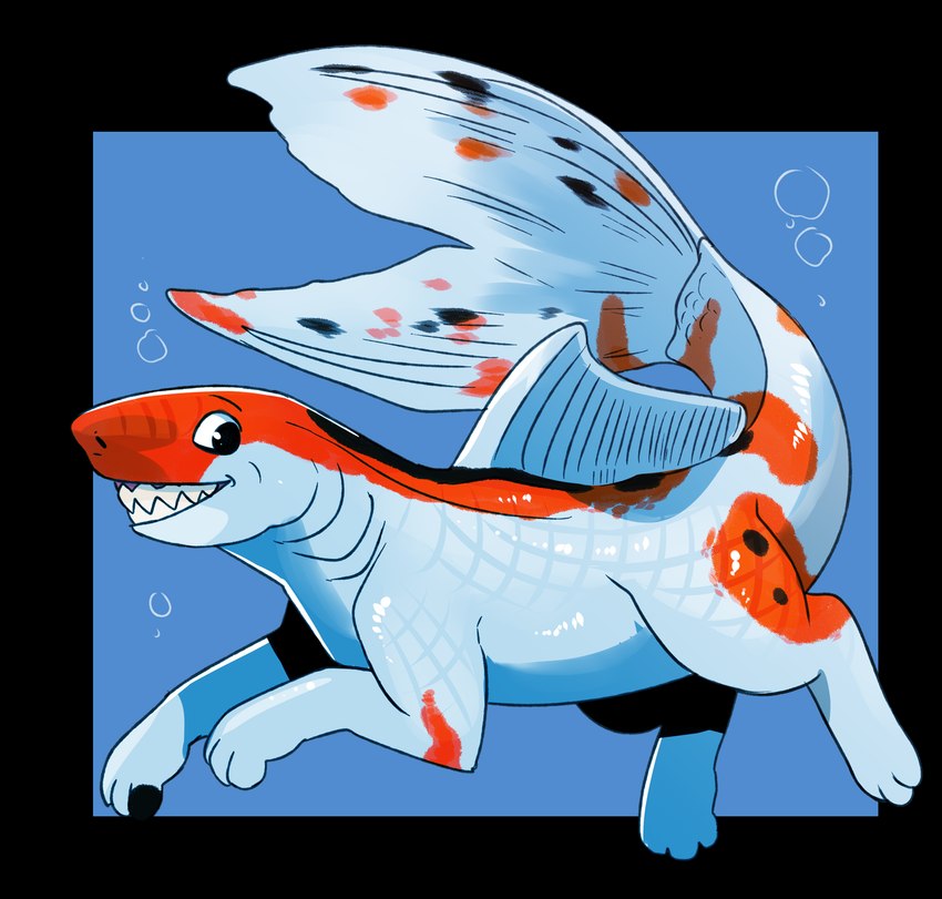 ambiguous_gender blue_background bubble dorsal_fin feral fin glistening glistening_eyes grey_body grin quadruped red_body side_view simple_background smile solo imperatorcaesar fish marine alpha_channel hi_res