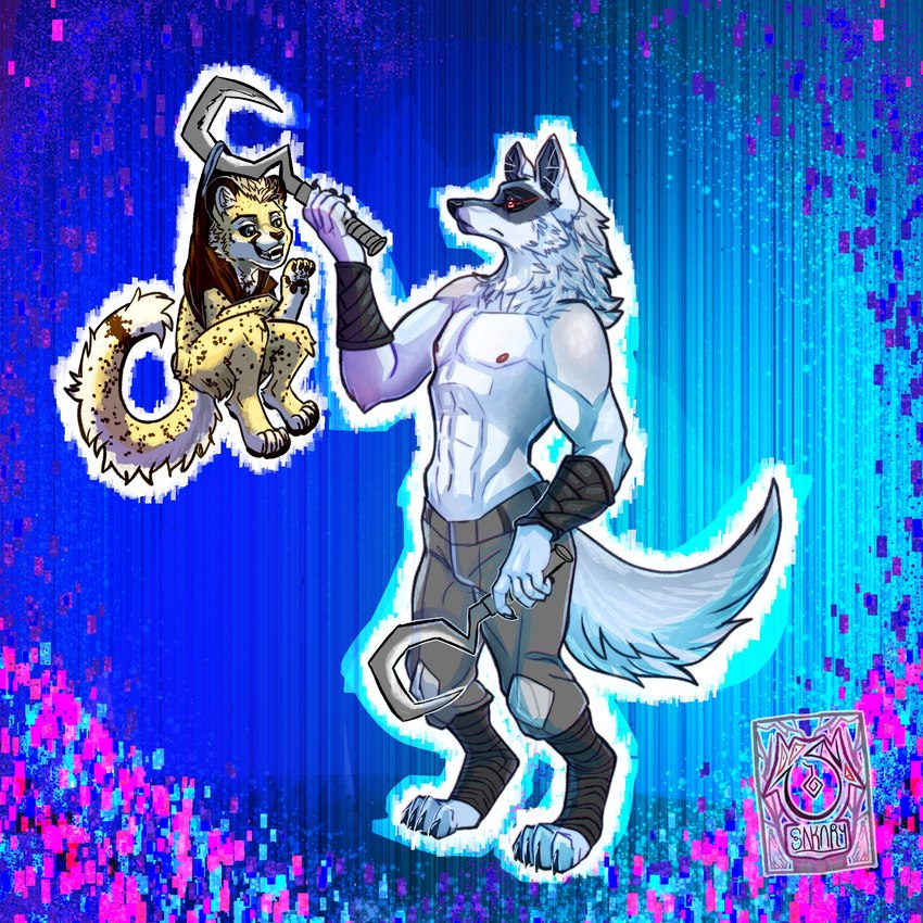 abs anthro arm_wrapping arm_wraps athletic biped black_sclera bottomless bottomwear cheek_tuft claws clothed clothing colorful_background curled_tail dangling digitigrade dual_wielding duo facial_markings facial_tuft fluffy fluffy_tail fur fuzzy gesture glowing glowing_eyes green_eyes grey_body grey_fur head_markings holding_another holding_object holding_weapon larger_male leg_wrap leg_wraps lifted looking_at_another male male/male markings mask_(marking) muscular neck_tuft nipples open_mouth open_smile pants pawpads red_eyes shirt shirtless sickle size_difference smaller_male smile spots spotted_body spotted_fur standing tail tan_body tan_fur teeth topless topwear torn_clothing tuft waving weapon wrapped_arms wrapped_legs wraps sakary_yoliztli dreamworks puss_in_boots_(franchise) death_(puss_in_boots) selreini_(character) canid canine canis cheetah felid feline mammal wolf 1:1 hi_res signature