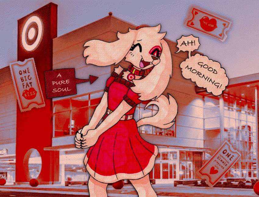 anthro belt blush blush_lines breasts brown_nose building claws clothing collar coupon cute_fangs dialogue dithering dress eyebrows eyelashes eyes_closed facial_markings fangs female finger_claws fingers floppy_ears fur happy head_markings markings mascot medium_breasts open_mouth open_smile photo_background pink_tongue red_body red_clothing red_collar red_dress red_fur red_markings slim smile snout solo speech_bubble tail talking_to_viewer tan_body tan_fur teeth text three-quarter_view ticket tongue white_belt bloodypeckii target_corporation spot_(jayrnski) bird_dog canid canine canis domestic_dog hunting_dog mammal spaniel 2024 digital_media_(artwork) english_text mixed_media photography_(artwork) portrait three-quarter_portrait