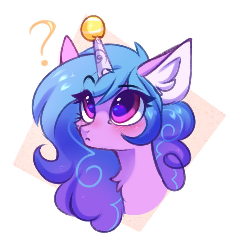 ball blue_hair confusion eyelashes female feral fur hair horn inner_ear_fluff looking_up purple_body purple_eyes purple_fur question_mark solo tennis_ball tennis_ball_on_horn tuft unicorn_horn pesty_skillengton hasbro mlp_g5 my_little_pony mythology izzy_moonbow_(mlp) equid equine mammal mythological_creature mythological_equine unicorn hi_res