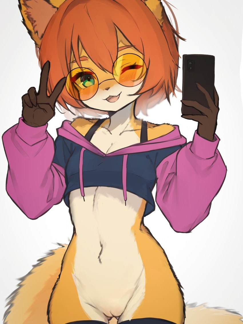 anthro blue_eyes bottomless breasts brown_hands cellphone cleavage clothed clothing countershade_face countershade_torso countershading crop_top electronics eyebrows eyelashes eyewear female fingers fluffy fluffy_tail front_view fur genitals gesture hair hand_gesture holding_cellphone holding_object holding_phone holding_smartphone hoodie kemono legwear looking_at_viewer one_eye_closed open_mouth orange_body orange_fur orange_hair orange_tail phone pussy selfie shirt short_hair slim small_breasts small_waist smartphone solo standing tail thigh_gap thigh_highs topwear v_sign white_body white_fur lilkon meme_clothing paggi_outfit yumi_(lilkon) canid canine fox mammal hi_res meme