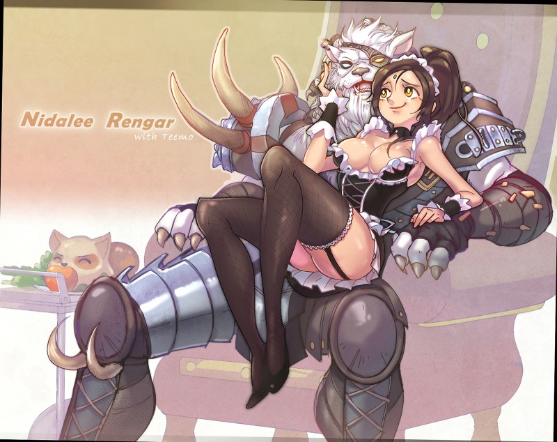 anthro apple_in_mouth armchair armor breasts chair claws clothing decapitation eye_patch eyewear female food fruit fur furniture hair leucistic maid_uniform male male/female plant relaxing severed_body_part severed_head spikes throne trolley uniform white_body white_fur kukon league_of_legends riot_games tencent nidalee_(lol) rengar_(lol) teemo_(lol) felid human lion mammal pantherine hi_res