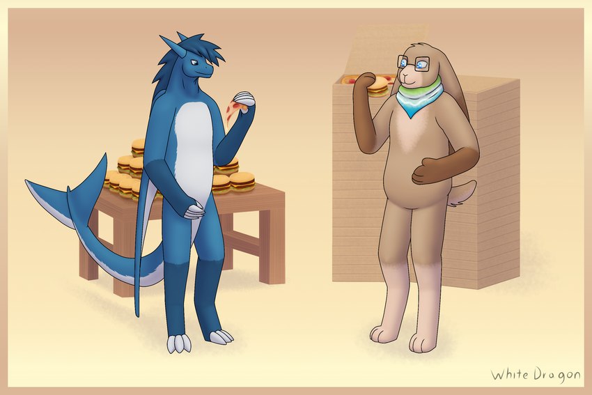 anthro blue_body blue_eyes blue_fur blue_hair blue_horn brown_body brown_fur burger claws container eyewear food fur furniture glasses hair horn male membrane_(anatomy) membranous_wings pizza pizza_box shark_tail simple_background slightly_chubby standing table white_body white_fur wings white-dragon mythology kai_(arcticka) dragon furred_dragon furred_scalie lagomorph leporid mammal mythological_creature mythological_scalie rabbit scalie 2024 3:2 hi_res signature