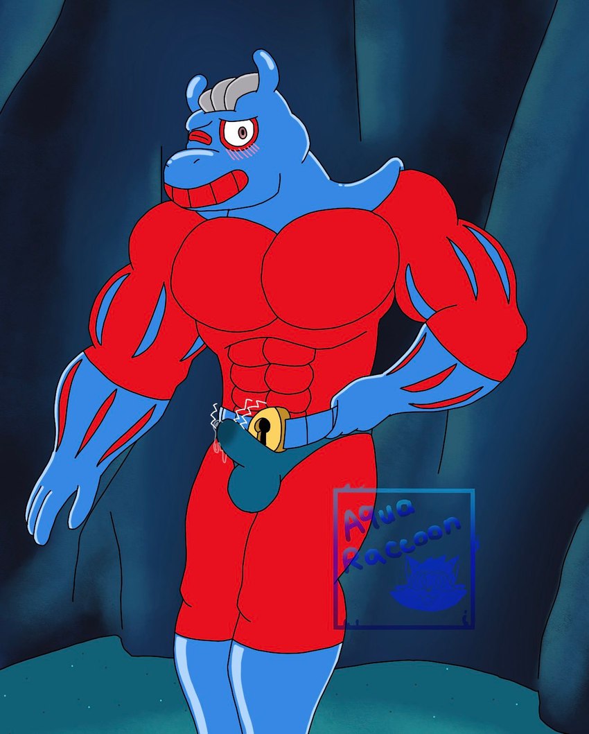 abs anthro balls belt blue_helmet blush bodily_fluids boots bulge cave_background clothing cum cum_drip dripping erection footwear genital_fluids genitals gloves handwear laugh leaking_precum male motion_lines muscular one_eye_closed pecs precum precum_drip red_clothing red_suit shoes solo speedo suit swimwear tickle_belt tickle_torture tickling francisstarlig1 nickelodeon nintendo pokemon spongebob_squarepants man_ray generation_1_pokemon machoke pokemon_(species) hi_res watermark