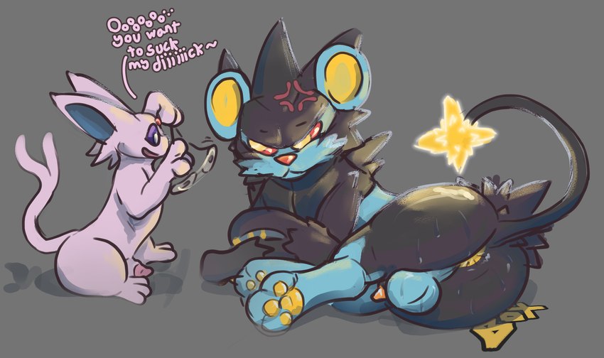 anus blue_body blue_fur bodily_fluids butt crossed_arms dark_body dark_fur duo flaccid frown fur genitals glowing glowing_eyes glowing_tail humor hypnosis lying male male/male mind_control musk paws penis pink_body pink_fur scowl sitting spiked_fur sweat sweaty_butt tail boxofmonsters nintendo pokemon eeveelution espeon felid feline generation_2_pokemon generation_4_pokemon lion luxray mammal pantherine pokemon_(species) hi_res