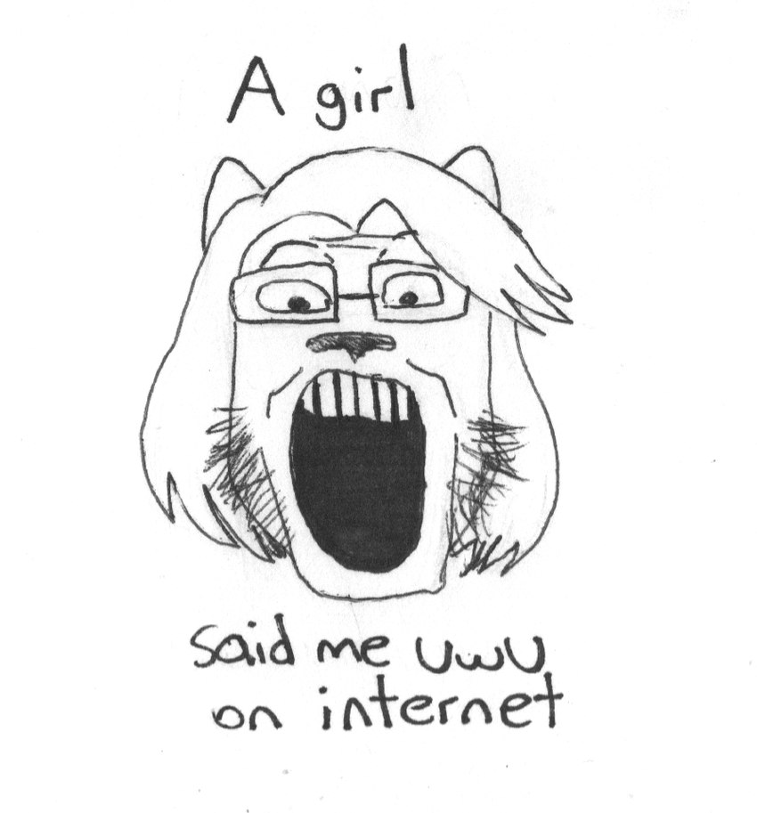 anthro beard eyewear facial_hair glasses hair long_hair male open_mouth solo text uwu efradraws coomer_wojak efrasona wojak animal_humanoid cat_humanoid domestic_cat felid felid_humanoid feline feline_humanoid felis humanoid mammal mammal_humanoid marker_(artwork) monochrome pen_(artwork) traditional_media_(artwork)