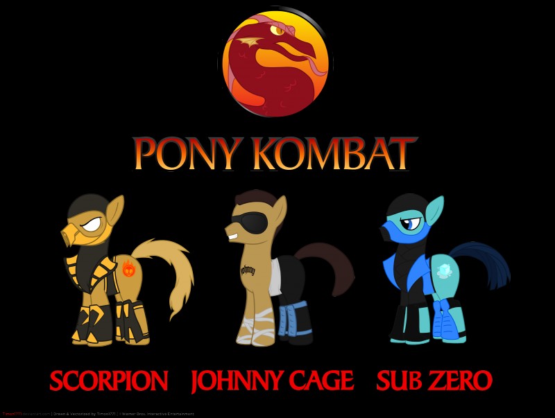 alternate_species blue_body blue_eyes blue_hair brown_body brown_hair clothing costume cutie_mark empty_eyes feral group hair male parody ponification quadruped simple_background tail text transparent_background white_eyes timon1771 hasbro mortal_kombat my_little_pony johnny_cage scorpion_(mortal_kombat) sub-zero arachnid arthropod equid equine horse mammal pony 2011 absurd_res alpha_channel crossover english_text hi_res url