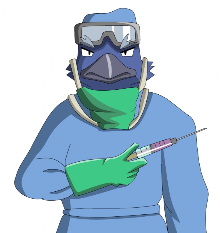 anthro clothed clothing doctor eyewear glasses gloves goggles handwear looking_at_viewer male mask medical medical_instrument medical_syringe scientific_instrument simple_background solo surgeon surgical_mask syringe yowacle avian bird corvid corvus_(genus) oscine passerine raven digital_media_(artwork)