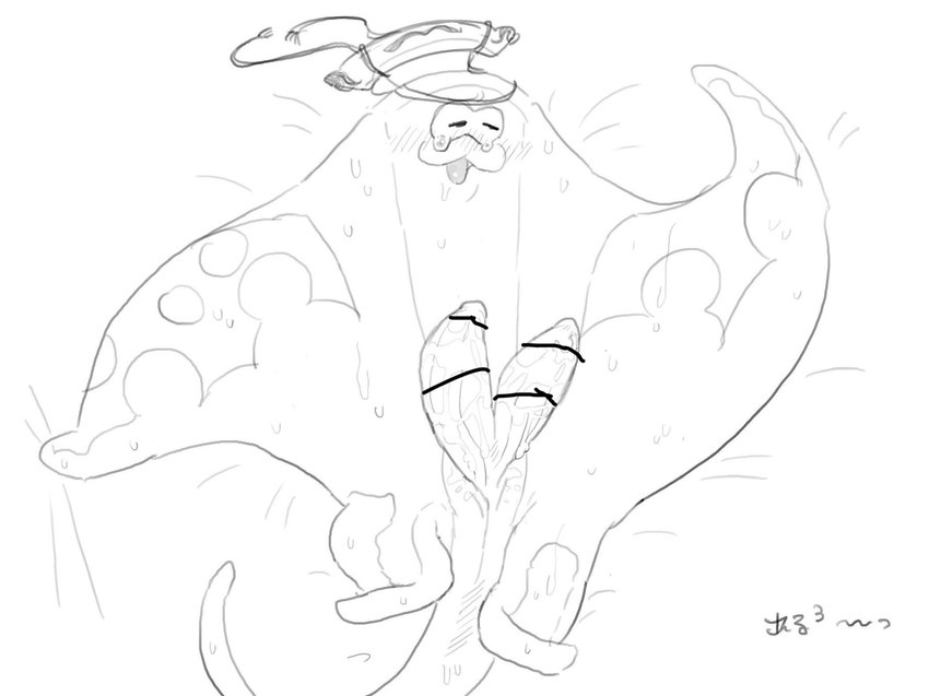 2_penises :3 animal_genitalia animal_penis anthro bed blush bodily_fluids cloacal_penis erection flat_body furniture genitals hemipenes lying male multi_genitalia multi_penis on_back penis solo sweat saba_subdup nintendo splatoon big_man_(splatoon) fish manta_ray marine ray_(fish) stingray censored hi_res monochrome