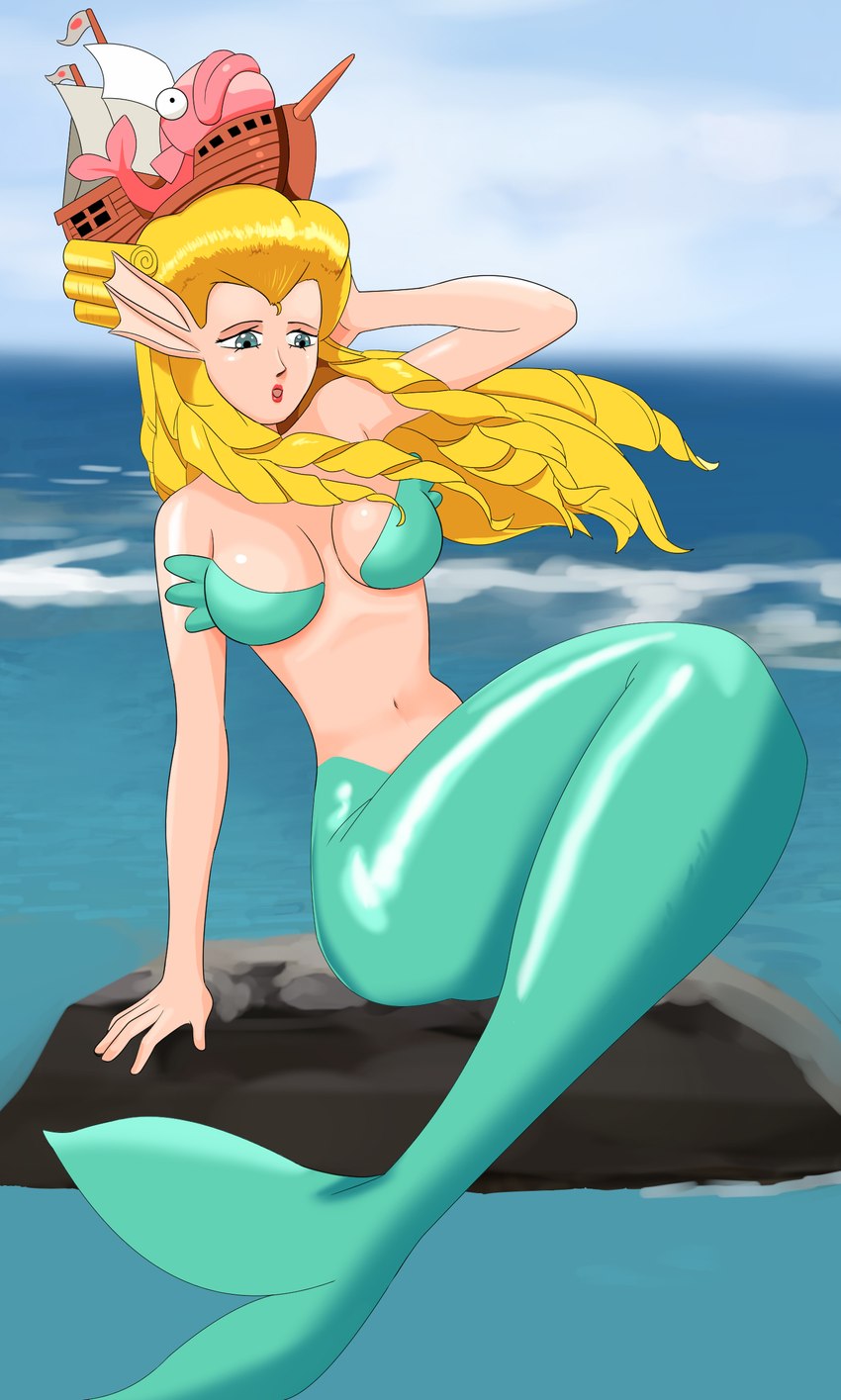 blonde_hair blue_eyes breasts clothing curled_hair ear_fins eyelashes female fin fish_tail green_body green_clothing green_scales green_topwear hair hand_behind_head lipstick long_hair makeup navel open_mouth red_lipstick rock scales sea sitting sky solo split_form tan_body tan_skin topwear water wide_hips wcewq3yvoy7qdjf gradius konami parodius eliza_(parodius) humanoid marine merfolk absurd_res hi_res