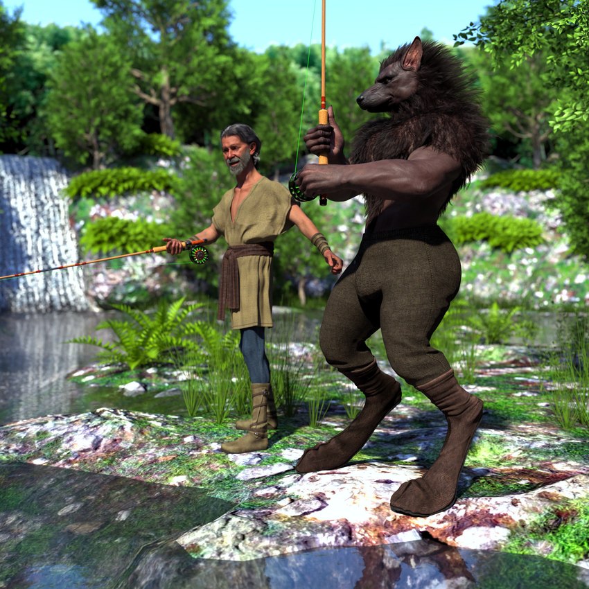anthro beard black_hair boots bottomwear brown_clothing brown_footwear clothed clothing day detailed_background duo facial_hair fishing_rod flower footwear forest fur grass hair looking_at_another male male_focus muscular nature outside pants plant river scenery shirt shoes short_hair sky standing topwear tree tunic water waterfall chadotexas mythology canid canine canis human mammal mythological_canine mythological_creature werecanid werecanine werecreature werewolf wolf 1:1 3d_(artwork) absurd_res digital_media_(artwork) full-length_portrait hi_res portrait