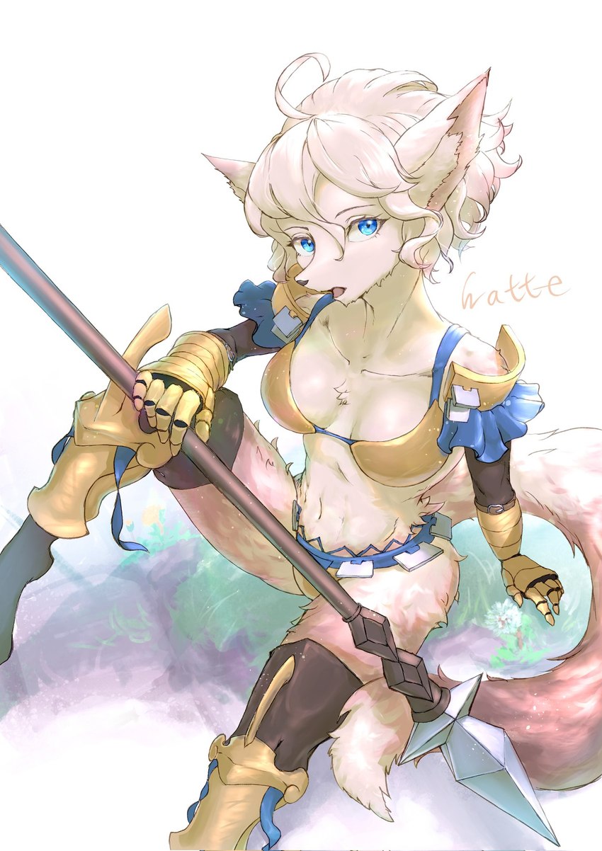 anthro armor armwear black_armwear black_clothing black_legwear blue_eyes breasts chest_tuft cleavage clothed clothing collarbone female fur gloves hair handwear holding_melee_weapon holding_object holding_polearm holding_spear holding_weapon knee_pads legwear looking_at_viewer melee_weapon navel one_bent_leg open_mouth polearm simple_background sitting skimpy solo spear tuft unconvincing_armor weapon white_background white_body white_fur white_hair yellow_clothing yellow_gloves yellow_handwear watte unicorn_overlord vanillaware dinah_(unicorn_overlord) canid canine fox mammal hi_res