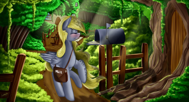 bag blonde_hair cutie_mark detailed_background door eyes_closed feathered_wings feathers female fence feral forest fur grey_body grey_feathers grey_fur hair mailbox outside plant solo text tree window wings saddnesspony friendship_is_magic hasbro my_little_pony mythology derpy_hooves_(mlp) equid equine mammal mythological_creature mythological_equine pegasus 2015 english_text hi_res