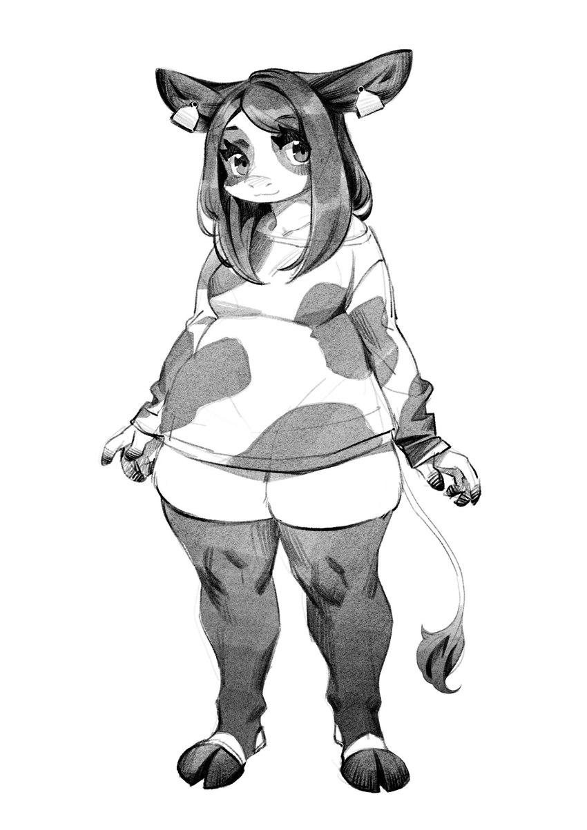 anthro clothing cloven_hooves cow_print_topwear ear_piercing ear_tag female hoof_hands hooves kemono legwear long_ears long_sleeved_sweater looking_at_viewer piercing slightly_chubby solo standing stockings aruurara chinese_zodiac year_of_the_ox ox-chan_(aruurara) bovid bovine cattle holstein_friesian_cattle mammal 2020 hi_res monochrome