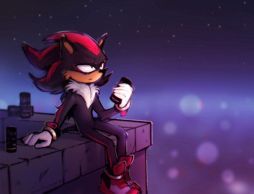 anthro beverage beverage_can black_body black_fur black_nose can city city_light clothing coffee container featureless_crotch footwear fur gloves handwear holding_can holding_container holding_object night shoes sitting sneakers tired white_clothing white_gloves white_handwear lonerdemiurge sega sonic_the_hedgehog_(series) shadow_the_hedgehog eulipotyphlan hedgehog mammal absurd_res chromatic_aberration film_grain hi_res