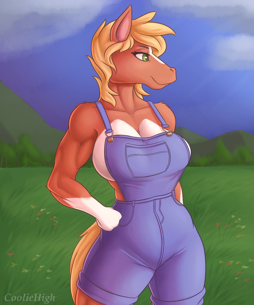 anthro big_breasts blonde_hair breasts clothed clothing female green_eyes hair looking_aside muscular muscular_anthro muscular_female overalls side_boob solo cooliehigh bailey_(cooliehigh) equid equine horse mammal 5:6 hi_res