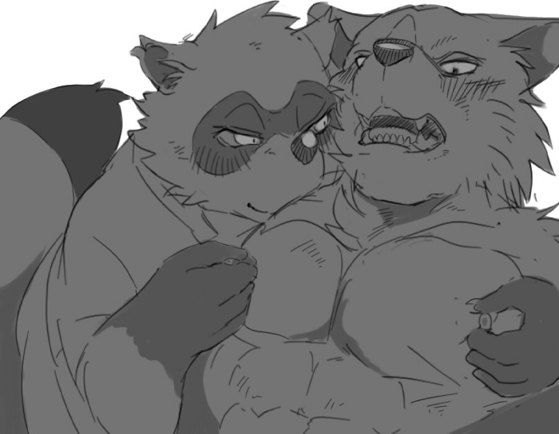 anthro blush duo humanoid_hands male pecs simple_background hysk sengoku_puzzle tokugawa_ieyasu canid canine mammal raccoon_dog tanuki 2013 monochrome