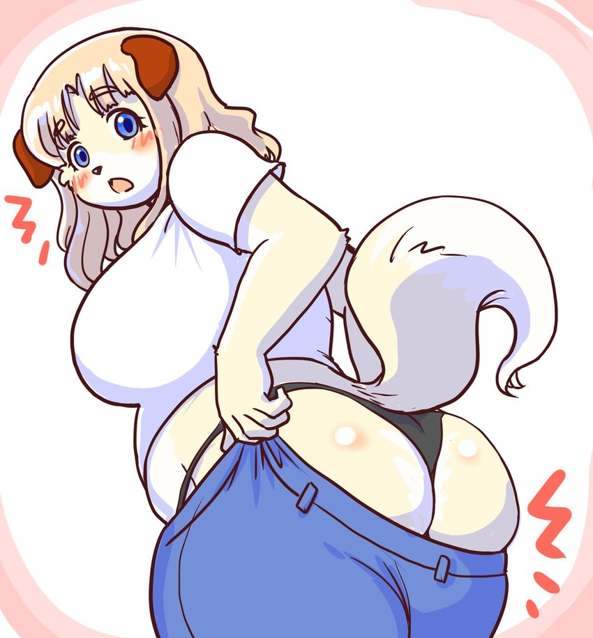 anthro ass_too_fat big_breasts big_butt black_clothing black_panties black_underwear blonde_hair blue_eyes bottomwear breasts butt clothed clothing denim denim_bottomwear denim_clothing dressing emanata female fur hair jeans kemono looking_at_viewer looking_back looking_back_at_viewer open_mouth overweight overweight_female panties pants rear_view shirt solo surprise thong topwear underwear yellow_body yellow_fur kin-shun mai_(kin-shun) canid canine canis domestic_dog mammal hi_res