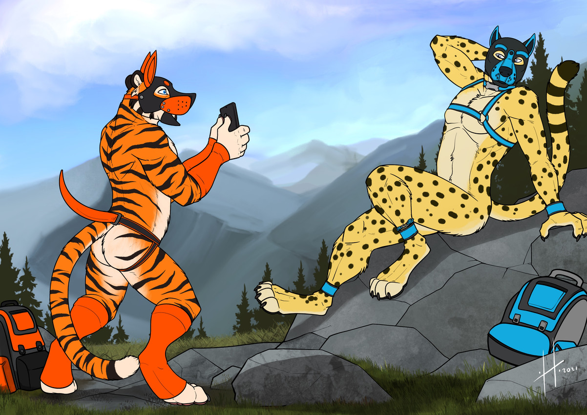 animal_mask anthro armwear athletic athletic_anthro athletic_male backpack blue_eyes blue_harness butt clothing day duo fake_tail fur glistening glistening_eyes grass grey_eyes harness legwear male male_anthro markings mask nude orange_armwear orange_clothing orange_legwear outside plant pose pup_mask rock sitting spots spotted_arms spotted_body spotted_fur spotted_legs spotted_markings spotted_tail standing star striped_back striped_body striped_fur striped_legs striped_markings striped_neck striped_tail stripes tail tail_markings wearing_mask hufnaar hufnaar_(character) cheetah felid feline mammal pantherine tiger 2021 absurd_res dated hi_res