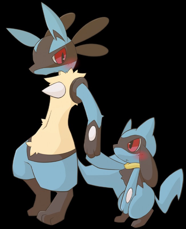 age_difference ambiguous_gender anthro blush chest_spike duo hand_holding holding_crotch level_difference looking_at_another paws size_difference spikes spikes_(anatomy) standing shin_(artist) nintendo pokemon canid generation_4_pokemon lucario mammal pokemon_(species) riolu alpha_channel