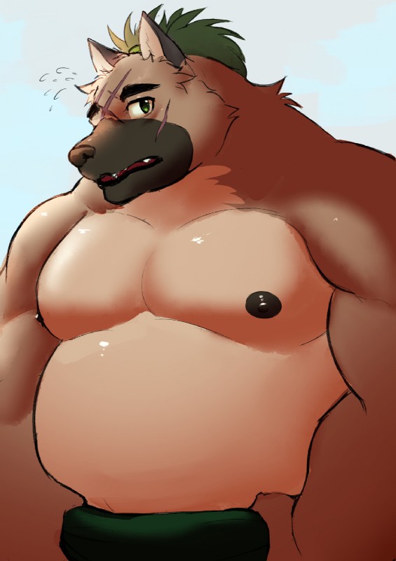 anthro belly blush green_eyes male moobs nipples overweight overweight_anthro overweight_male scar solo fenrirwolfen lifewonders tokyo_afterschool_summoners yasuyori_(tas) canid canine canis domestic_dog mammal 2020 hi_res