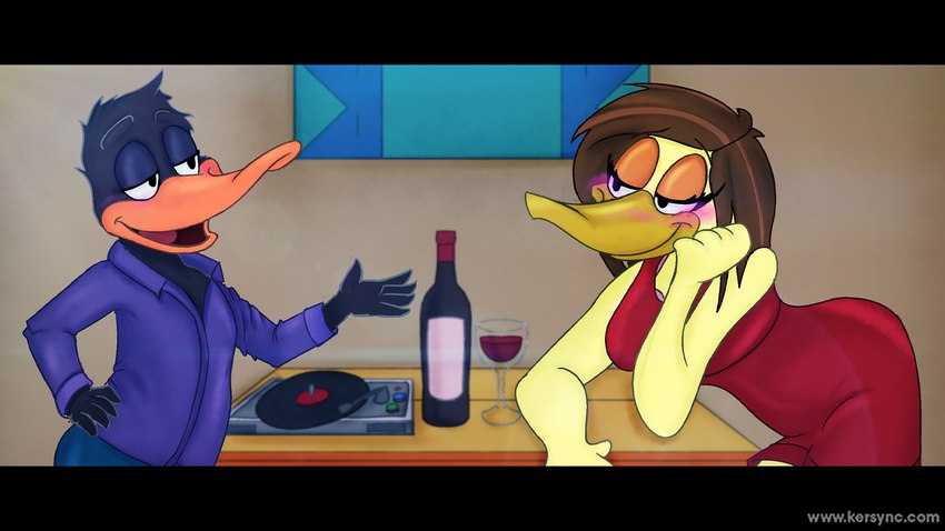 alcohol anthro beak beverage black_bars clothed clothing container cup drinking_glass duo female fully_clothed glass glass_container glass_cup male record_player talking_to_another wine wine_bottle wine_glass kersync looney_tunes the_looney_tunes_show warner_brothers daffy_duck tina_russo anatid anseriform avian bird duck 16:9 hi_res letterbox widescreen