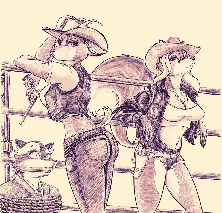 anthro belt bottomwear bound breasts cleavage clothed clothing country country_girl cowboy_hat cowgirl_outfit crop_top denim denim_bottomwear denim_clothing denim_shorts female furgonomics gag group gun handgun hat headgear headwear holster leather leather_clothing male midriff outlaw ranged_weapon revolver rope shirt shorts text tight_bottomwear tight_clothing topwear trio weapon wild_west francisthefurry kristina_(francisthefurry) lauren_(francisthefurry) bovid canid canine caprine fox goat humanoid mammal procyonid raccoon absurd_res english_text hi_res sketch